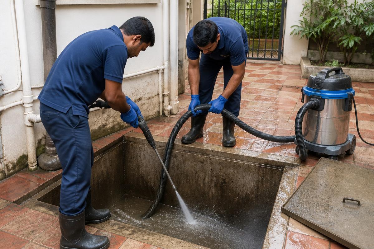 A1 Cleaning Services team cleaning a residential sump with professional equipment in Bangalore